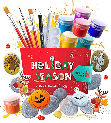 Rock Painting Kit – Rock Art Painting Supplies with 10 Smooth Rocks for Painting, Waterproof Acrylic Paint, Crafts for Kids Ages 4-8 & 8-12 for Hide and Seek, Kindness Rocks, Christmas Gift Idea
