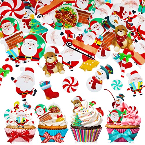 300 Pieces Christmas Cake Decorations Cupcake Topper Christmas Supplies Wafer Stand Up Discs Birthday Cake Decor for Christmas Theme Party Cake Cupcake Santa Clause Xmas Tree Snowman