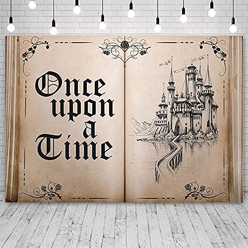 ABLIN 7x5ft Fairy Tale Books Backdrop Old Opening Book Once Upon a Time Ancient Castle Princess Romantic Story Photo Background Wedding Birthday Party Decorations Banner Props