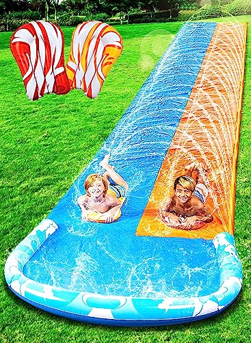 JOYIN 22.5ft Water Slides and 2 Bodyboards, Lawn Water Slide Summer Slip Waterslides Water Toy with Build in Sprinkler for Backyard Outdoor Water Fun for Kids