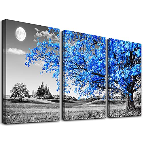 Wall Art For Living Room black and white Blue tree moon Canvas Wall Decor for Home artwork Painting 12' x 16' 3 Pieces Canvas Print For bedroom Decor Modern Salon kitchen office Hang a picture