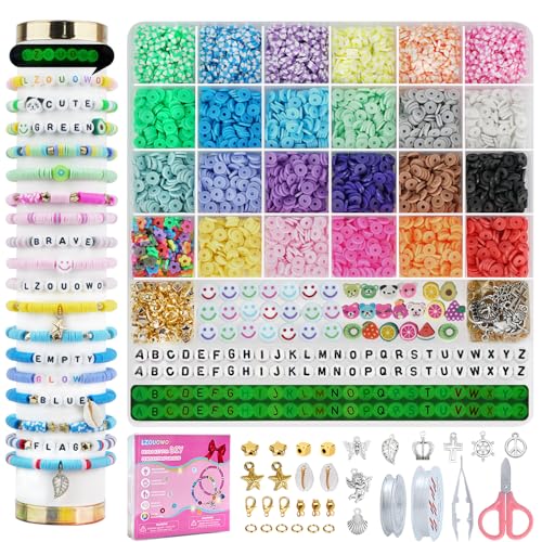 LZOUOWO 6100 Polymer Clay Beads for Bracelets Making Aesthetic Kit 24 Colors Flat Heishi Beads for Jewelry Making DIY Set with Letter Beads, Smile Face Beads and Charms for Girls Gift