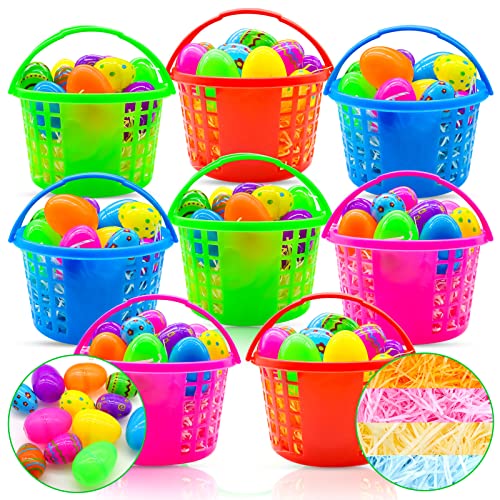 8 Pcs 8' Baskets with Handle for Easter Basket Stuffers, 80g Easter Grass for Egg Hunting, 16pcs Plastic Easter Eggs for Party Favors Decorations Premade for Adults Kids