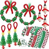 Christmas Crafts for Kids Adults Families, Beaded Ornament Kit to Make Wreath/Candy Cane/Xmas Tree/Snowman, Holiday Decorations Party Supplies, 40 Pieces