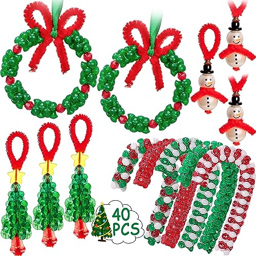 Christmas Crafts for Kids Adults, Beaded Ornament Kit to Make Wreath Candy Cane-Xmas Holiday Tree Decorations Party Supplies, 40 Pieces