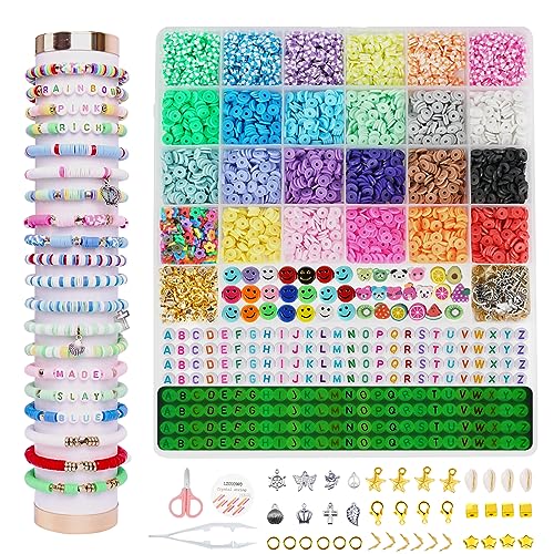 LZOUOWO 6100 Polymer Clay Beads for Bracelets Making Aesthetic Kit 24 Colors Flat Heishi Beads for Jewelry Making DIY Set with Letter Beads, Smile Face Beads and Charms for Girls Gift