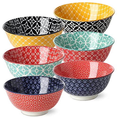 DOWAN 23 OZ Colorful Bowls Set of 6 - Ceramic Bowls for Soup, Cereal, Fruit - Vibrant Patterned Porcelain Bowls for Kitchen Decor & Housewarming Gift - Dishwasher & Microwave Safe