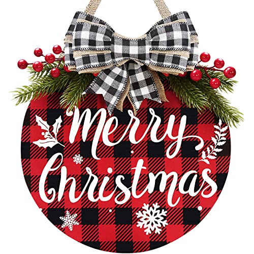 Christmas Wreath - Buffalo Plaid Xmas Decorations - Winter Wreaths Merry Christmas Sign for Holiday Rustic Farmhouse Front Door Porch Wall Window Outside Decorations