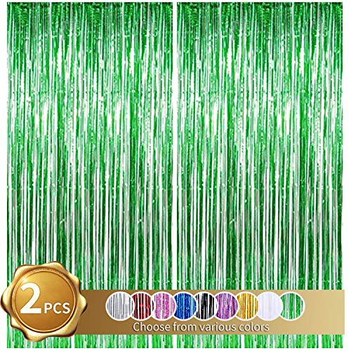 BEISHIDA 2 Pack Foil Fringe Curtains Green Photo Backdrop Streamer Curtain Tinsel Metallic Curtains Photo Props Background for Christmas Wedding Bridal Shower Birthday Party Decor(3.28 ft x 6.56 ft)