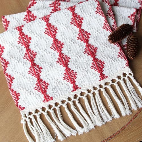 FEXIA Valentines Day Red Table Runner 13x72 Inches Long Boho Burlap Table Decor Rustic Table Runner Farmhouse Decoration for Home Party Decor (Red Square)