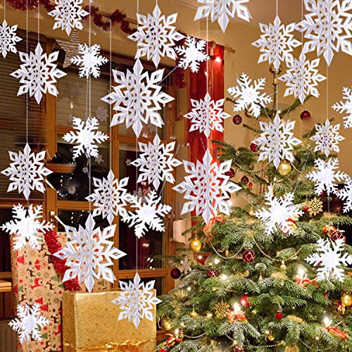 OuMuaMua Winter Christmas Hanging Snowflake Decorations, 12PCS Snowflakes Garland & 12PCS 3D Glittery Large White Snowflake for Christmas Winter Wonderland Holiday New Year Party Home Decorations