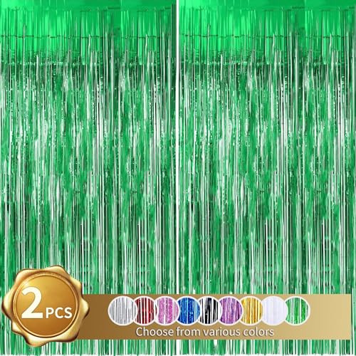 BEISHIDA 2 Pcs Green Door Streamers Tinsel Curtain Party Streamers Backdrop Fringe Foil Wall Background for Birthday Halloween Christmas Wedding Party Decoration(3.28 ft x 6.56 ft)