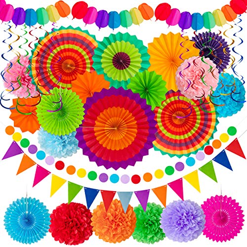 35PCS Fiesta Paper Fan Party Decorations Set - Cinco De Mayo Pom Poms,Pennant,Garland String,Banner,Hanging Swirls Decor Supplies（Multicolored)