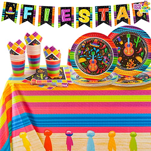 JOYIN 82PCS Fiesta Tableware Set, Mexican Party Supplies Packs for Cinco De Mayo Table Decorations, Fiest Themed Dessert Plates Fiesta Party Napkins Forks, Carnivals Event, Dia De Muertos Festivals