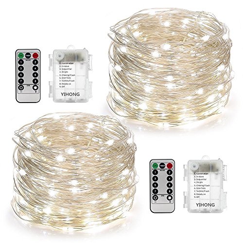 YIHONG 2 Set Christmas Fairy Lights Battery Operated,16ft 50LED String Lights Remote Control Timer Twinkle String Lights 8 Modes Silver Wire Firefly Lights for Garden Party Indoor Decor-White
