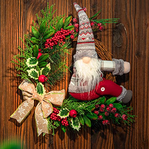 Christmas Wreath - Christmas Wreath with a Gnome, Berries, a Bow-Knot, Realistic, Made of Real Rattan, Original Design, Super Unique, Great Outdoor Christmas Decoration
