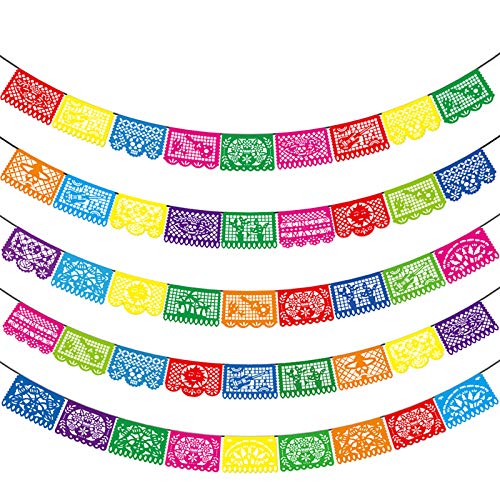 Asoulin Mexican Party Banners - 5 Pack Papel Picado Banner Cinco de Mayo Fiesta Party Decorations, Dia De Los Muertos Day of The Dead Decor Mexica Cumpleanos Birthday Party Supplies-12 Patterns/90 Ft