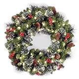 National Tree Company Pre-Lit Artificial Christmas Wreath, Green, Crestwood Spruce, White Lights, Decorated with Pine Cones, Berry Clusters, Frosted Branches, Christmas Collection, 24 Inches