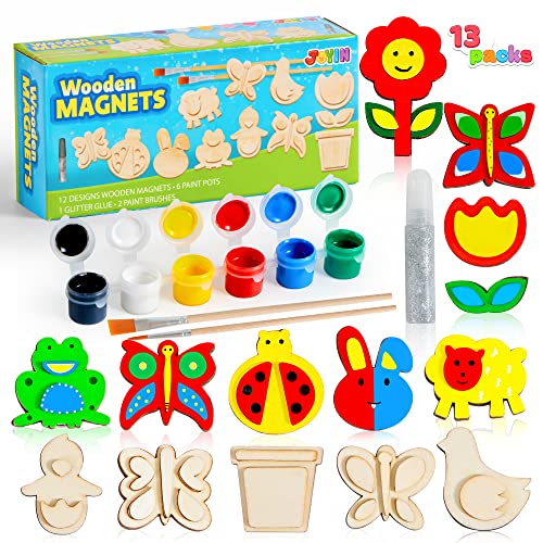JOYIN 13 Wooden Magnet Creativity Arts & Crafts Painting Kit for Kids, Decorate Your Own Painting Gift for Easter Basket Stuffers, Birthday Parties and Family Crafts, Party Favors for Boys Girls