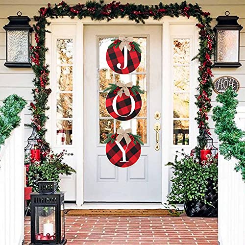 OurWarm Joy Sign Christmas Wreaths Decorations for Front Door, Buffalo Plaid Decor Rustic Burlap Wooden Christmas for Home Door Window Wall Farmhouse Indoor Outdoor Holiday Party Supplies,13 Inch