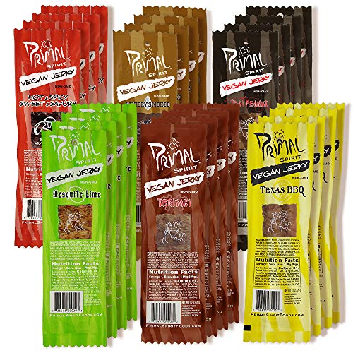 Primal Spirit Vegan Jerky - Our Sampler Pack, 10g. Plant Based Protein, Certified Non-GMO ('The Classics' Thai Peanut, Mesquite Lime, Teriyaki, Hot & Spicy, Hickory Smoked, & Texas BBQ, 24-Pack, 1 oz)