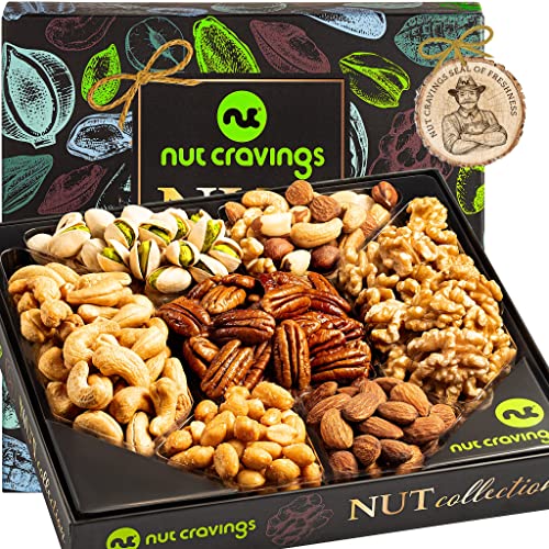 Nut Collection Gift Basket in Elegant Box (7 Assortments) Valentines Day Arrangement Platter, Gourmet Food Bouquet Birthday Care Package, Healthy Kosher Snack Tray - Adults Her Him