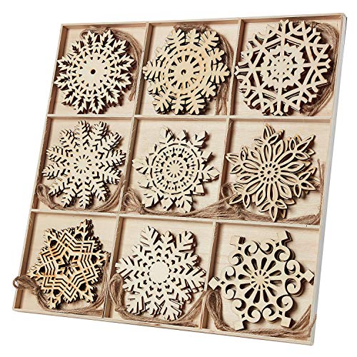 N&T NIETING 27pcs Wooden Snowflakes Shaped Embellishments Hanging Ornaments for Christmas Decoration