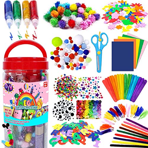 FUNZBO Arts and Crafts Supplies for Kids Crafts - Arts and Crafts for Kids Age 4-8, 4-6, 8-12 with Glitter Glue Stick for Kids, Pipe Cleaners Craft & Craft Tools, DIY School Supplies Kit, Girls Toys