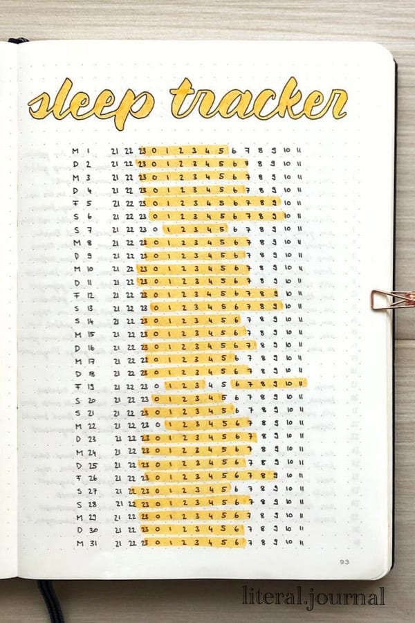 yellow sleep tracker for bullet journal