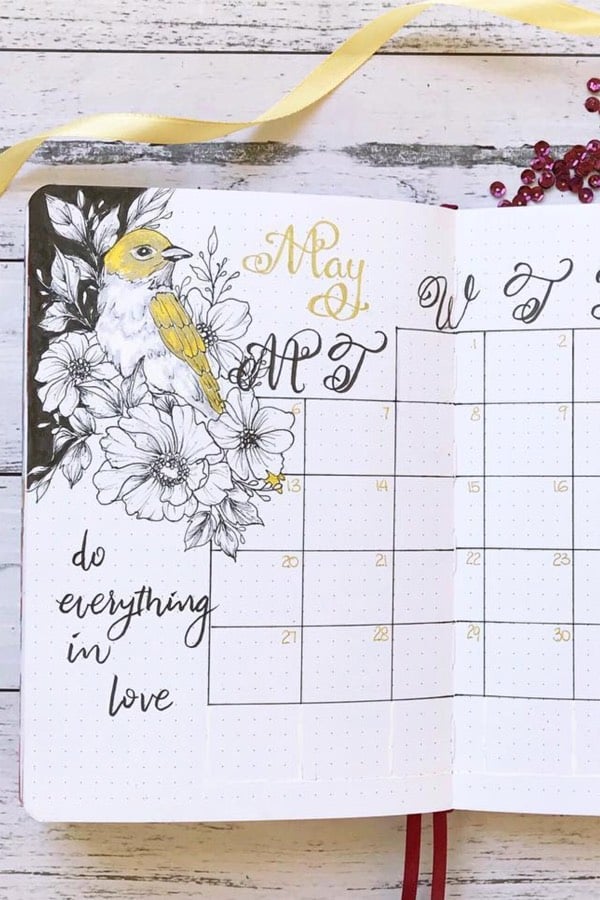 may monthly log with bird drawing