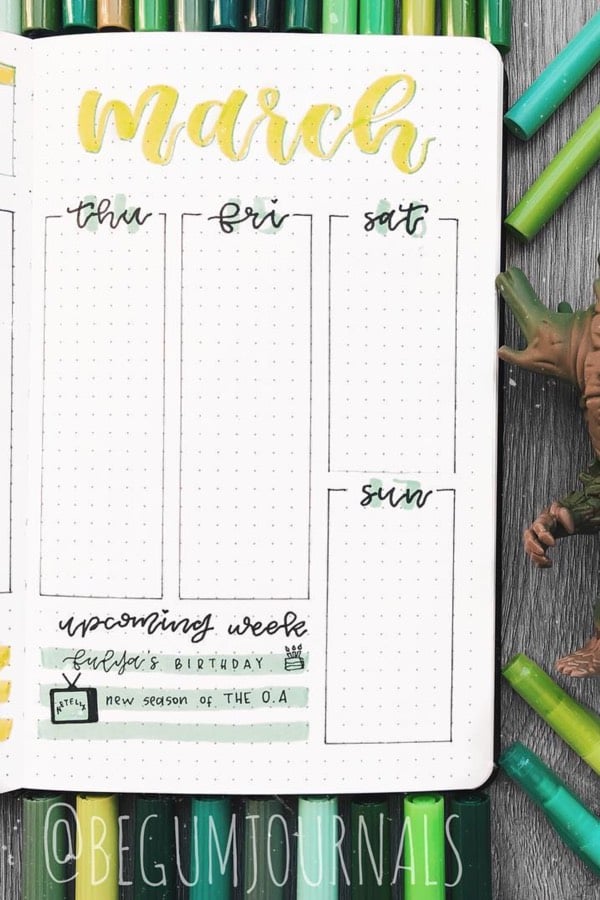 march weekly spread with green