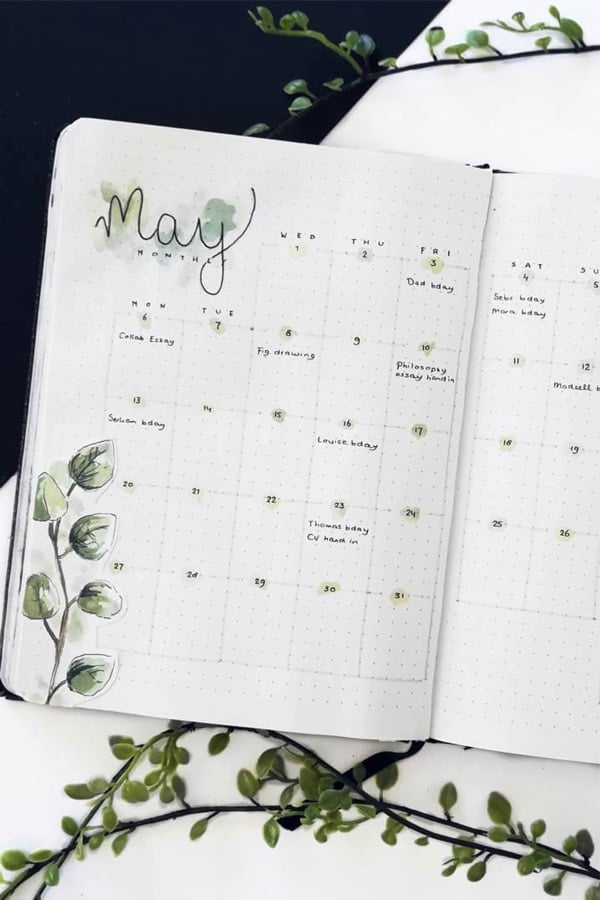 monthly spread with green leaves