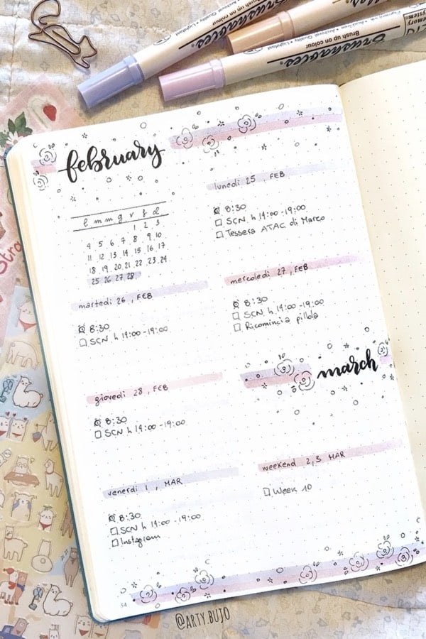 weekly log with pastel colors