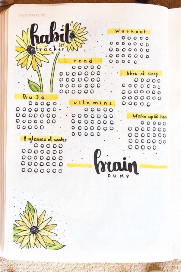 habit tracking spread with sunflowers
