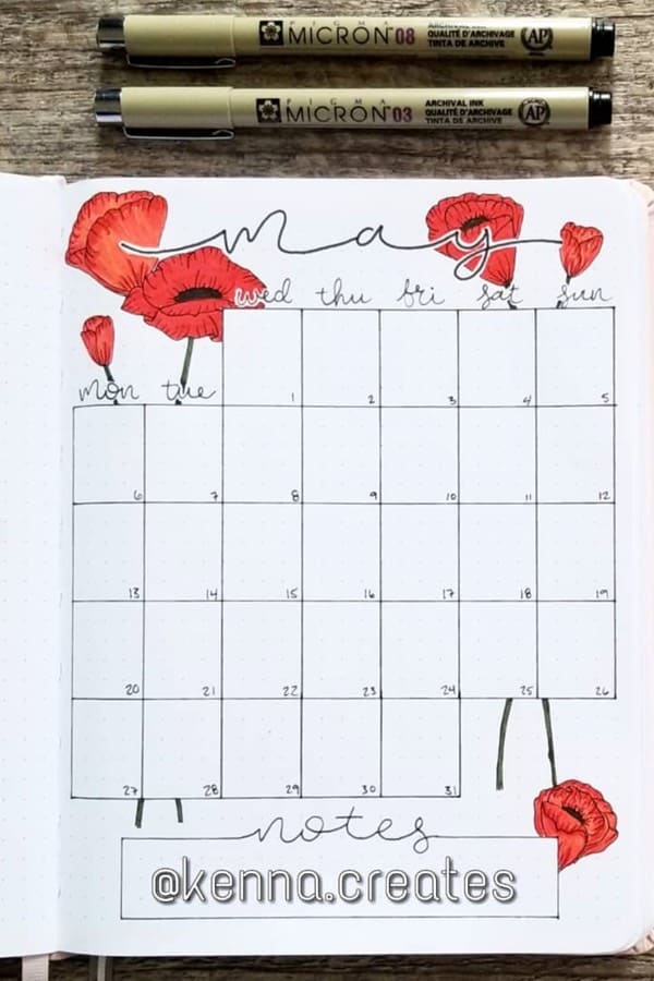 monthly spread with red flowers