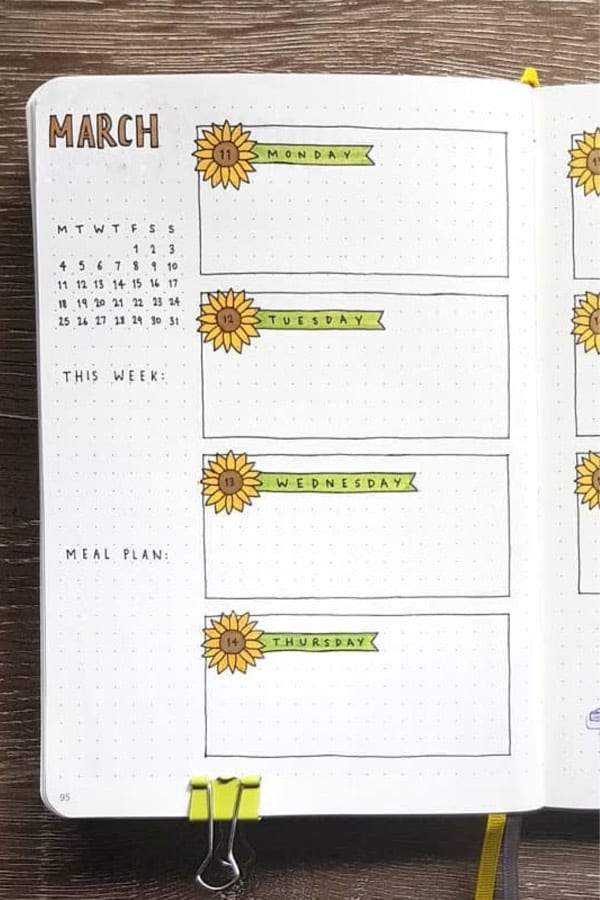 simple weekly spread with sunflowers