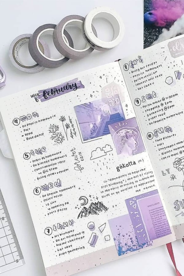 bujo weekly layout in purple