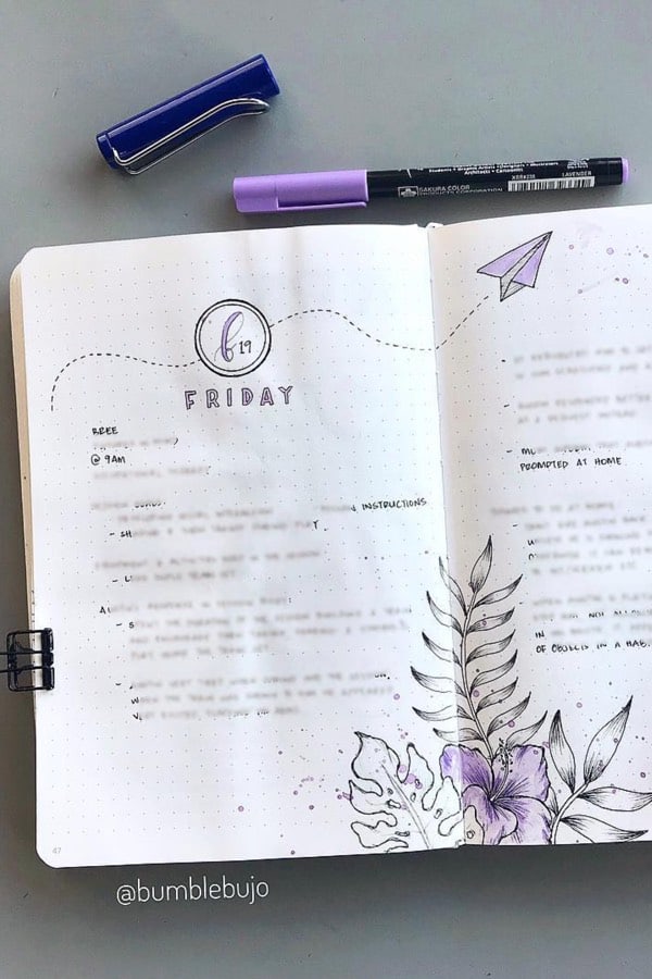 cute bujo with with purple flowers