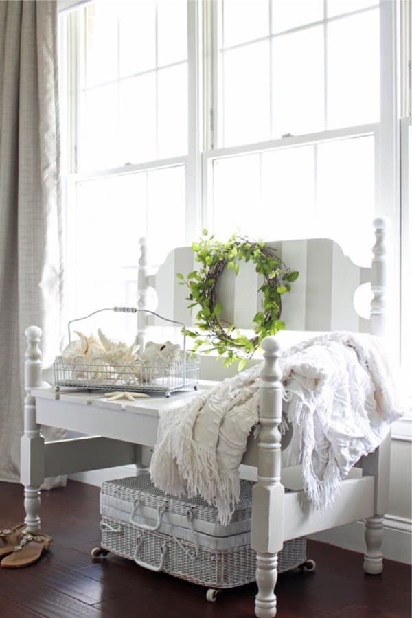 homemade headboard bench in white