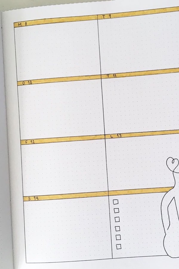 weekly layout with yellow headers