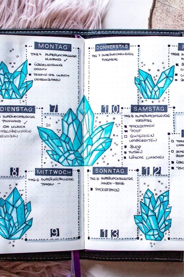 bujo weekly layout with blue crystal theme