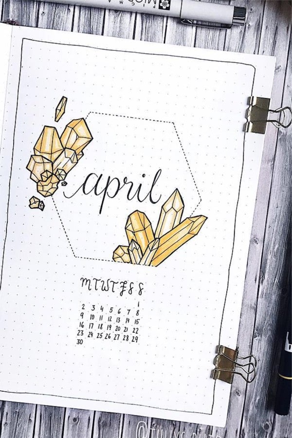 bullet journal bujo spread with yellow crystals
