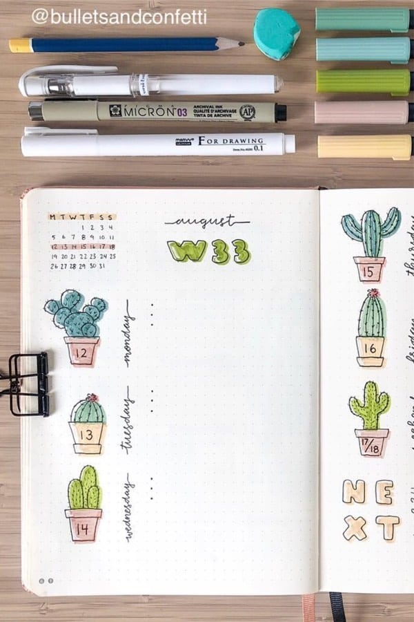 bujo spread ideas with cactus
