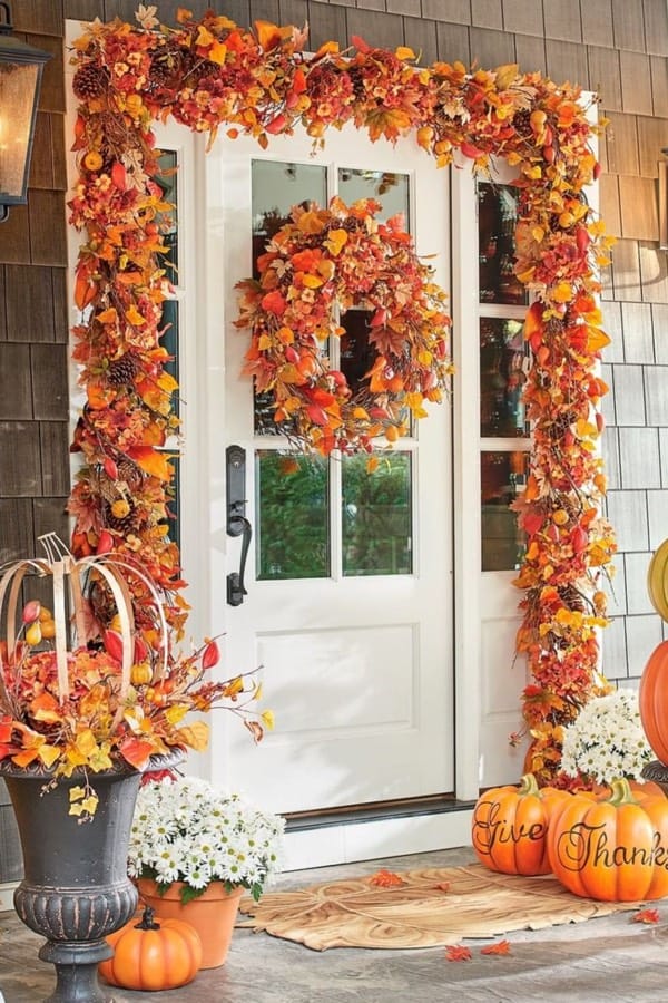 cute fall front door with wreath
