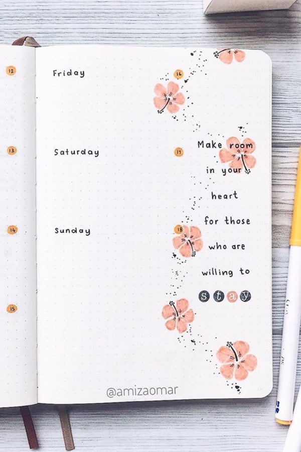 simple bujo spread with pink flowers