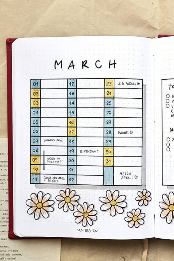 bujo spread with daisies