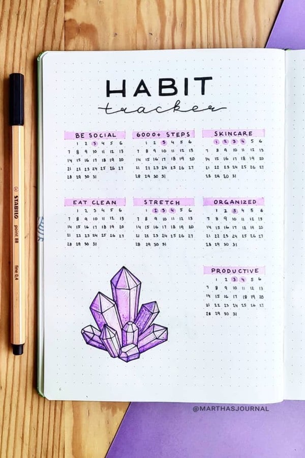 bujo page with purple crystal theme