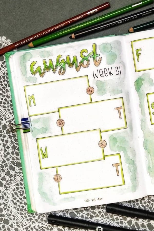 weekly spread with green watercolor