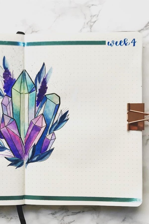 watercolor bullet journal theme with crystals