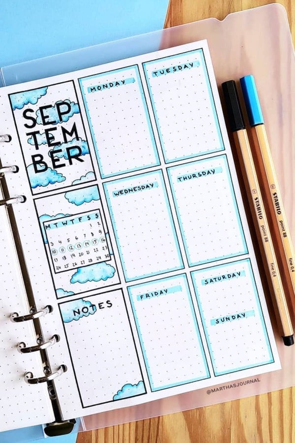 bujo spread for september with blue